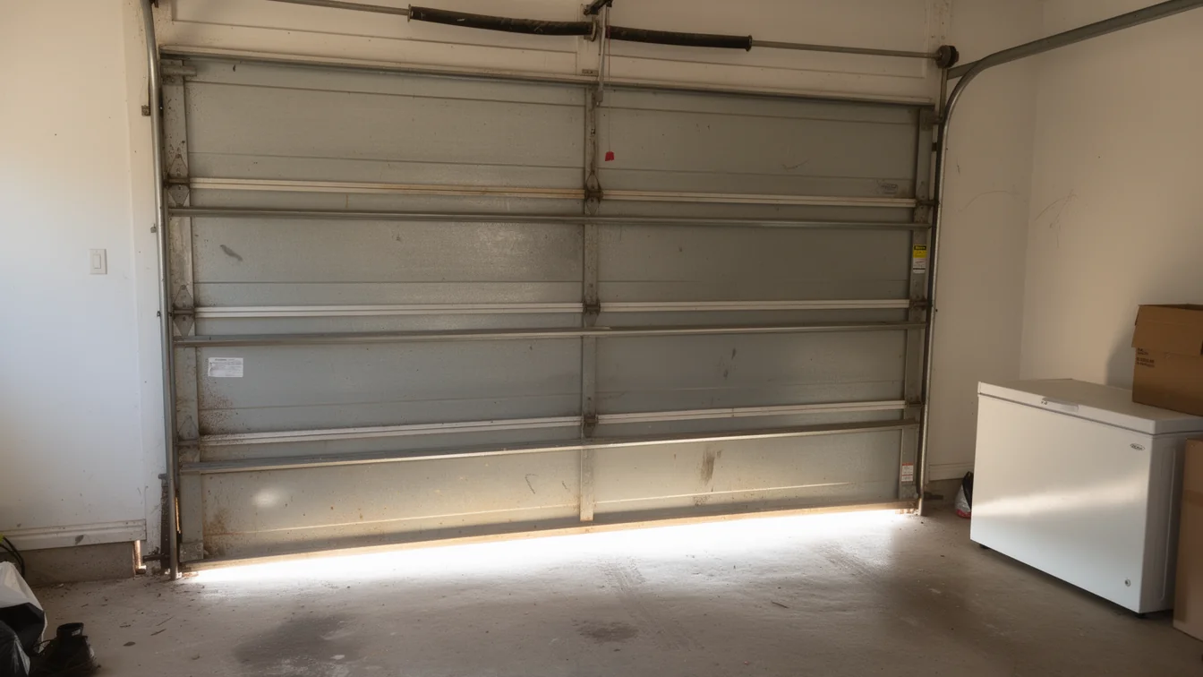 A closed gray garage door with a torsion spring and a white freezer.