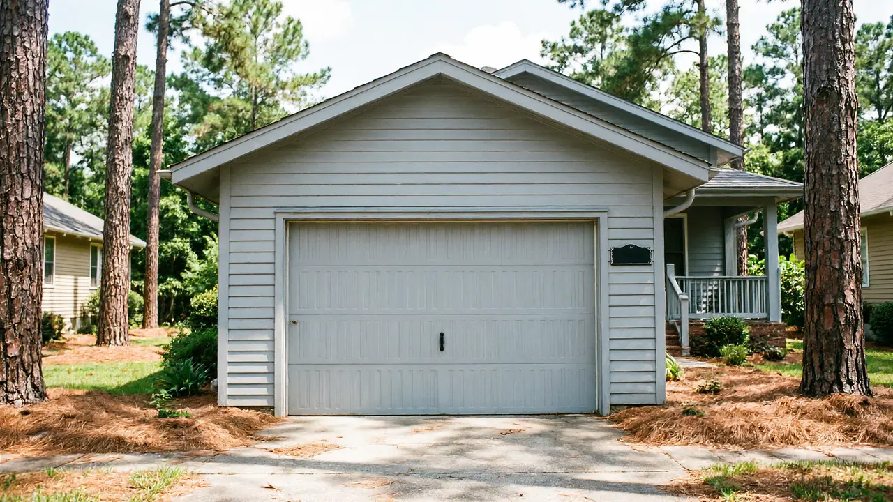 Two installers unpacking a new garage door kit and reading the instructions on a driveway