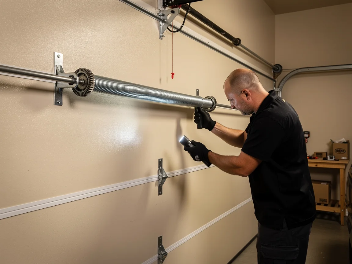 A technician inspects a garage door torsion spring with a flashlight.