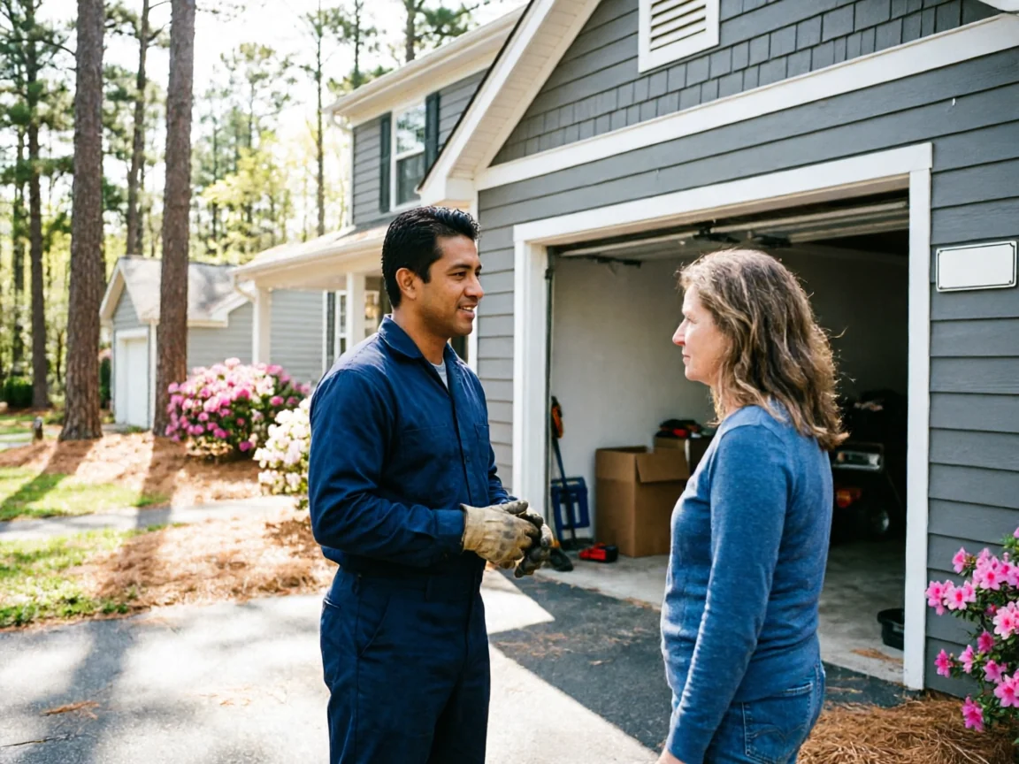 A technician in a blue uniform talks to a woman in front of an open garage.