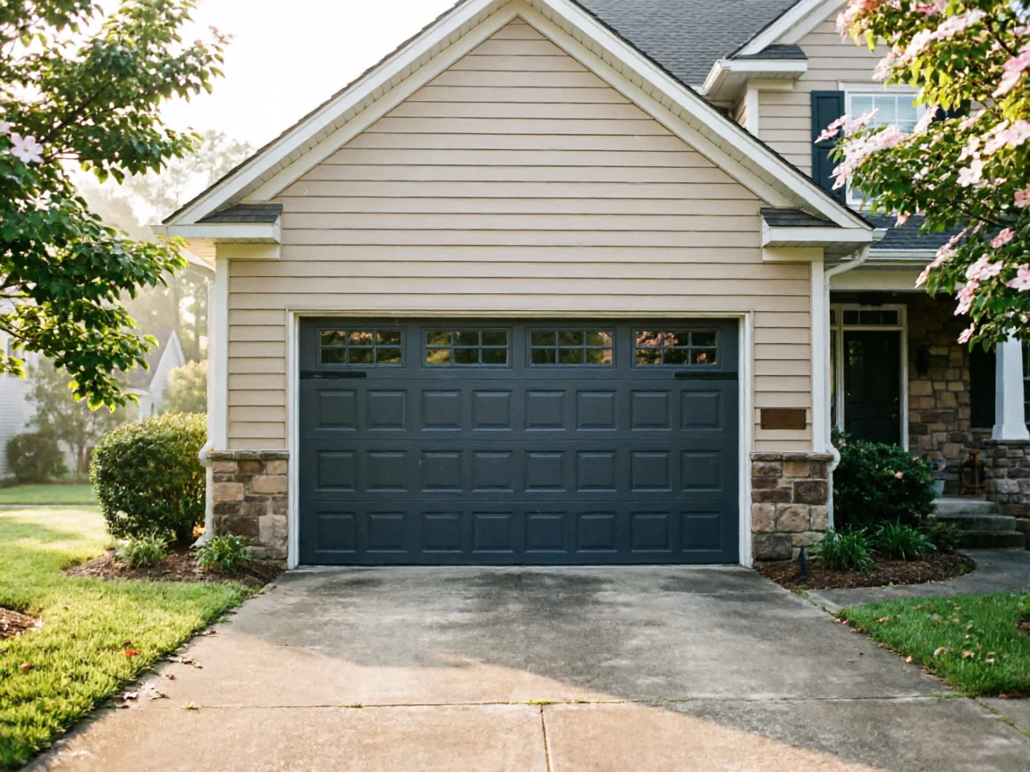 A dark gray garage door with windows on a beige house.