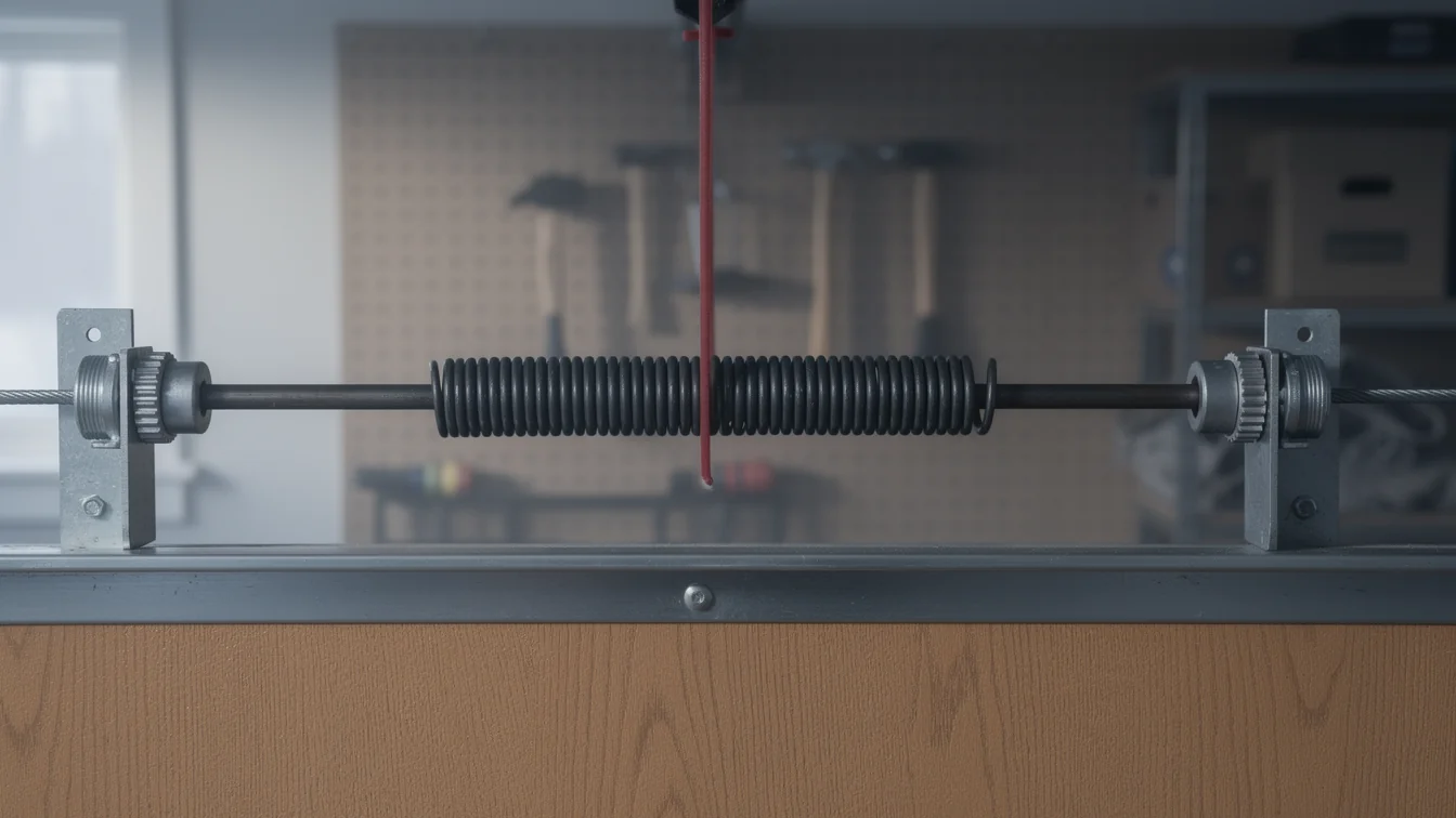 A garage door torsion spring is mounted above a wooden garage door.