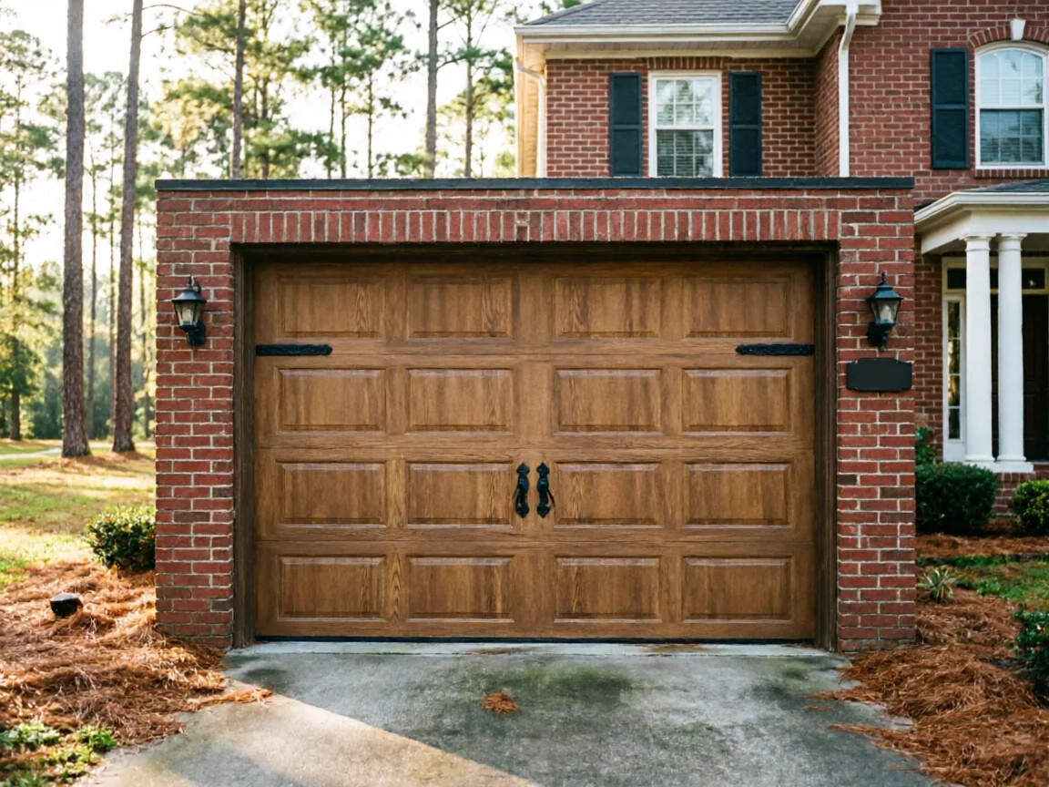 A brown wooden garage door is set in a brick garage with outdoor lights.